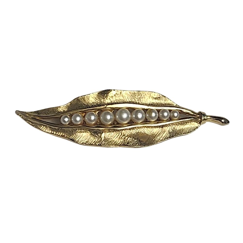 Vtg Gold Plated Faux Pearl  Sweet Pea Peapod Pin Broocb